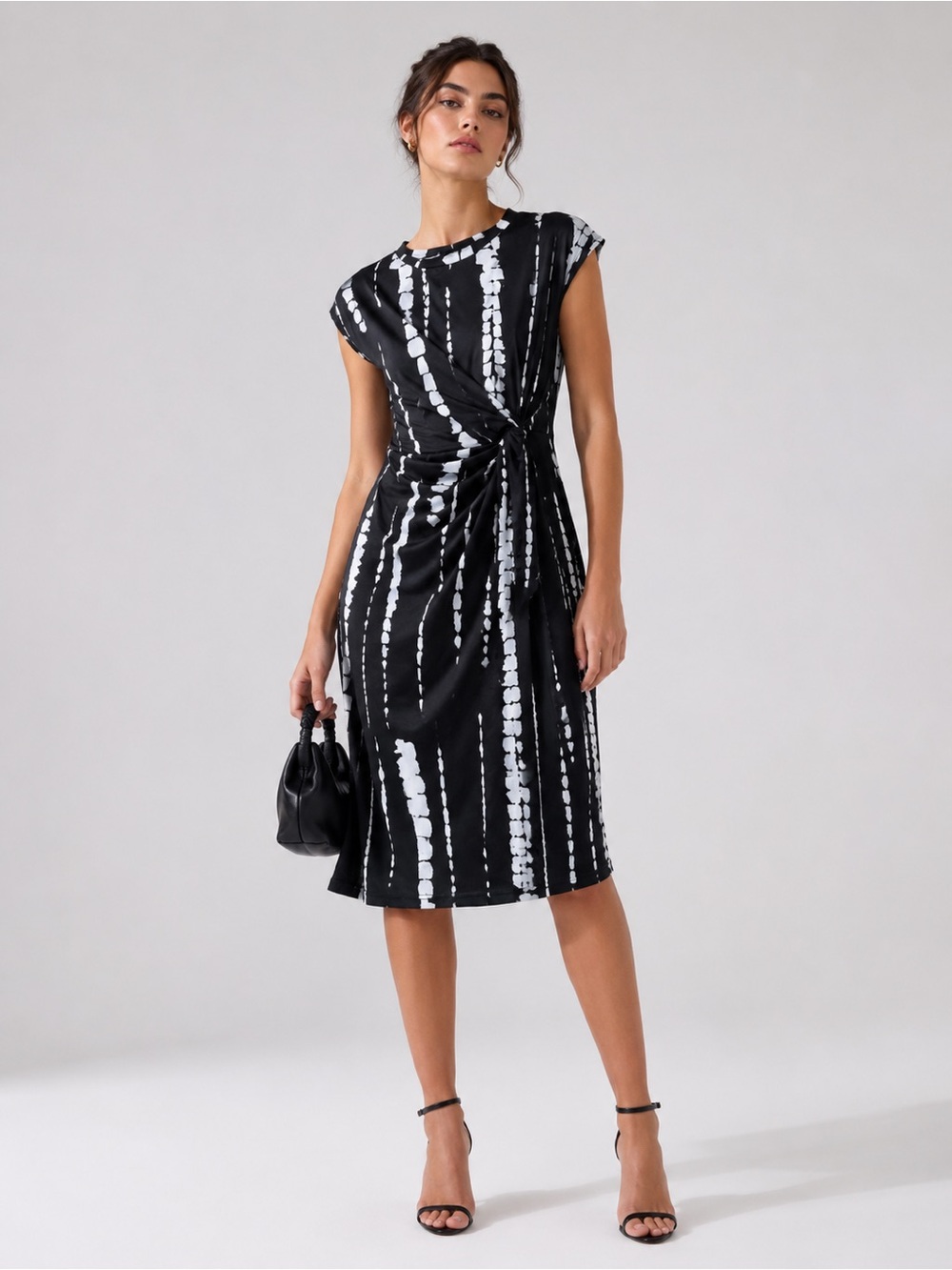 Black & White Knot-Waist Tie-Dye Midi Dress